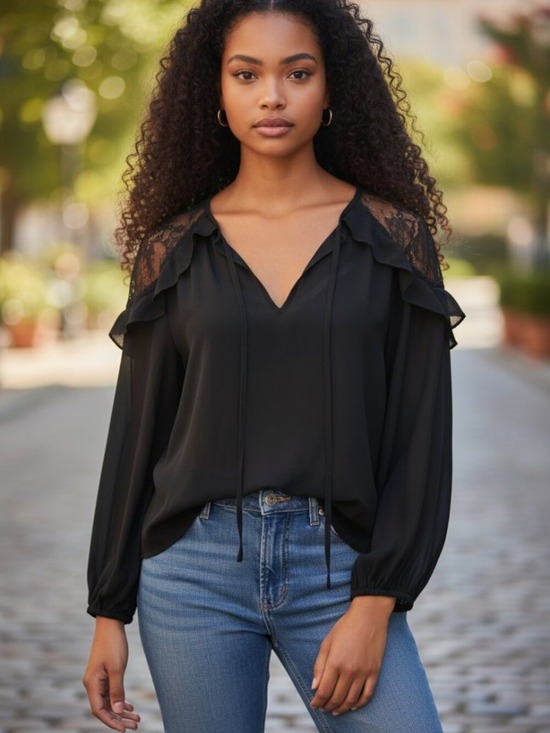 Tops - Blooming Jelly Black Chiffon Lace Accent Ruffle Blouse - Size Medium